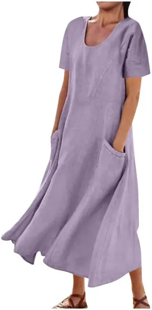 Cotton Linen Dresses for Women 2024 Trendy Casual Summer Dress Short Sleeve Flowy Maxi Dresses Boho Vacation Clothing