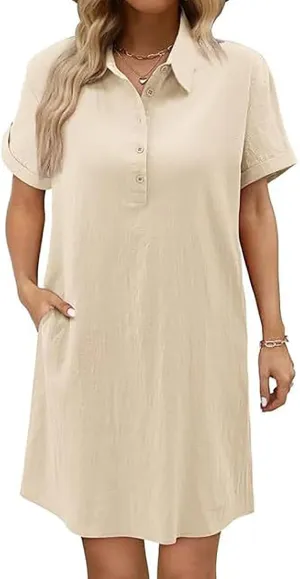 Cotton Linen Dresses for Women 2025 Summer Casual Sundress Loose Fit Short Sleeve Vacation Dress with Pockets