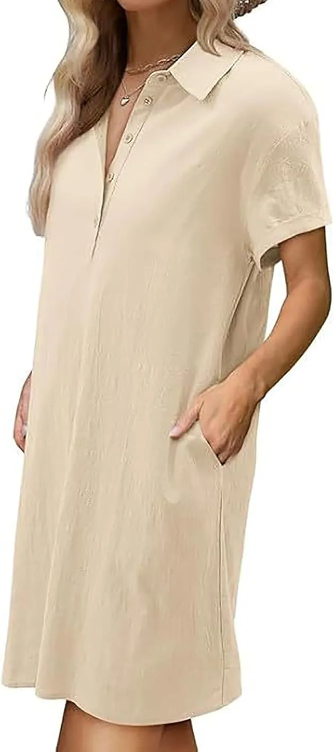 Cotton Linen Dresses for Women 2025 Summer Casual Sundress Loose Fit Short Sleeve Vacation Dress with Pockets