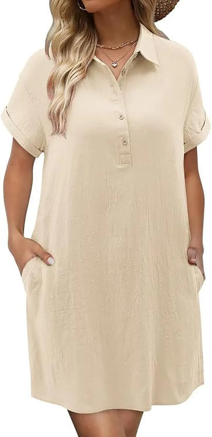 Cotton Linen Dresses for Women 2025 Summer Casual Sundress Loose Fit Short Sleeve Vacation Dress with Pockets