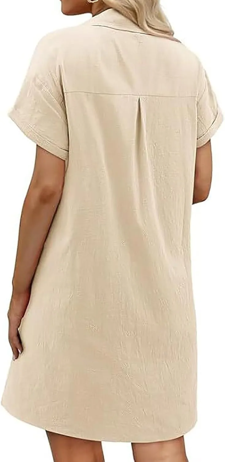 Cotton Linen Dresses for Women 2025 Summer Casual Sundress Loose Fit Short Sleeve Vacation Dress with Pockets