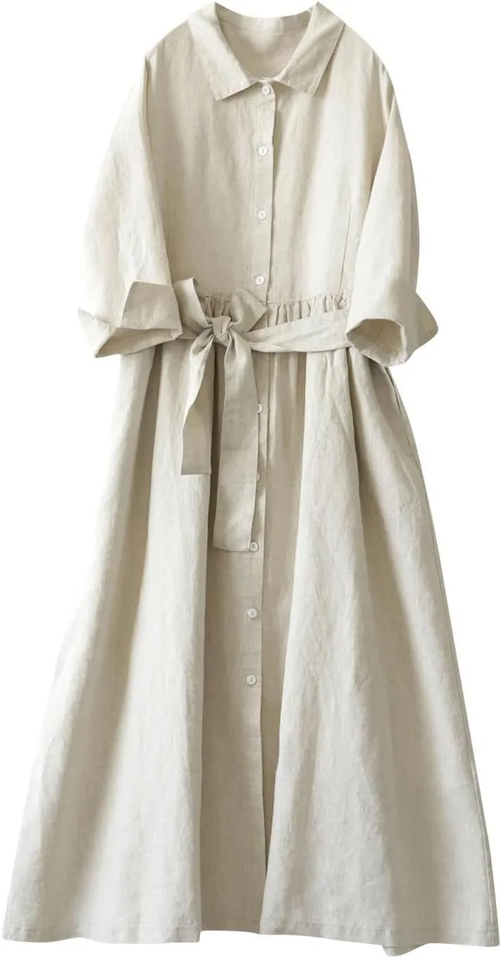 Cotton Linen Maxi Dress for Women Long Sleeve Lapel Lace Up Button Down Shirt Dresses Vacation Lounge Work Clothing