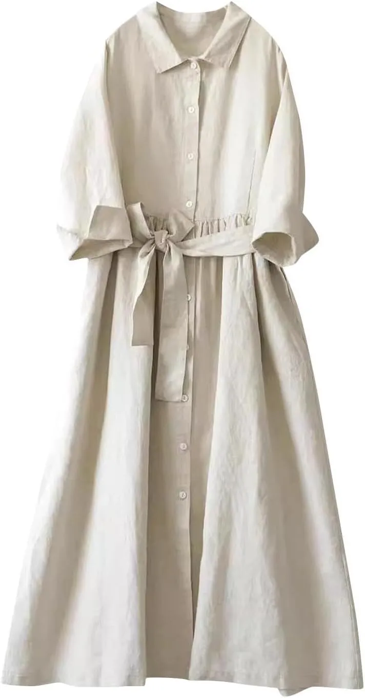 Cotton Linen Maxi Dress for Women Long Sleeve Lapel Lace Up Button Down Shirt Dresses Vacation Lounge Work Clothing