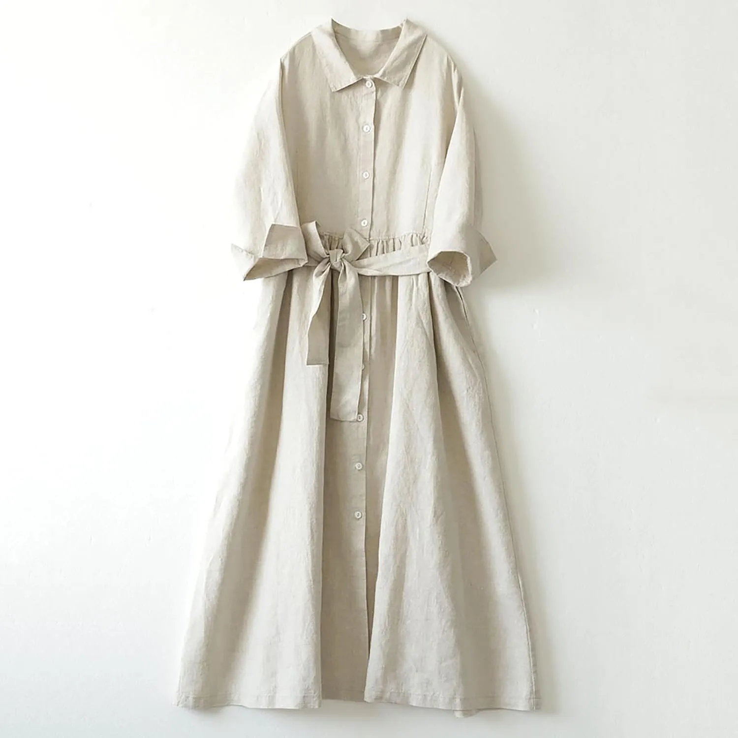 Cotton Linen Maxi Dress for Women Long Sleeve Lapel Lace Up Button Down Shirt Dresses Vacation Lounge Work Clothing