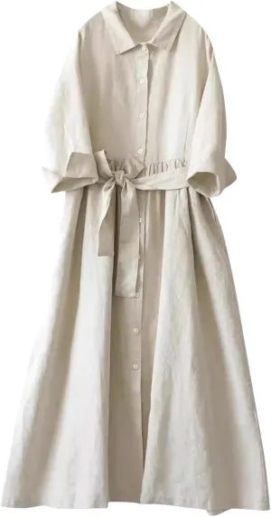 Cotton Linen Maxi Dress for Women Long Sleeve Lapel Lace Up Button Down Shirt Dresses Vacation Lounge Work Clothing
