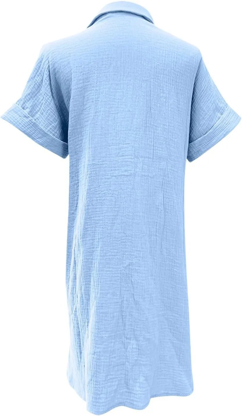 Cotton Midi Shirt Dress for Women Trendy Button Short Sleeve Dresses Solid Lapel Casual Dress Summer Travel Clothes
