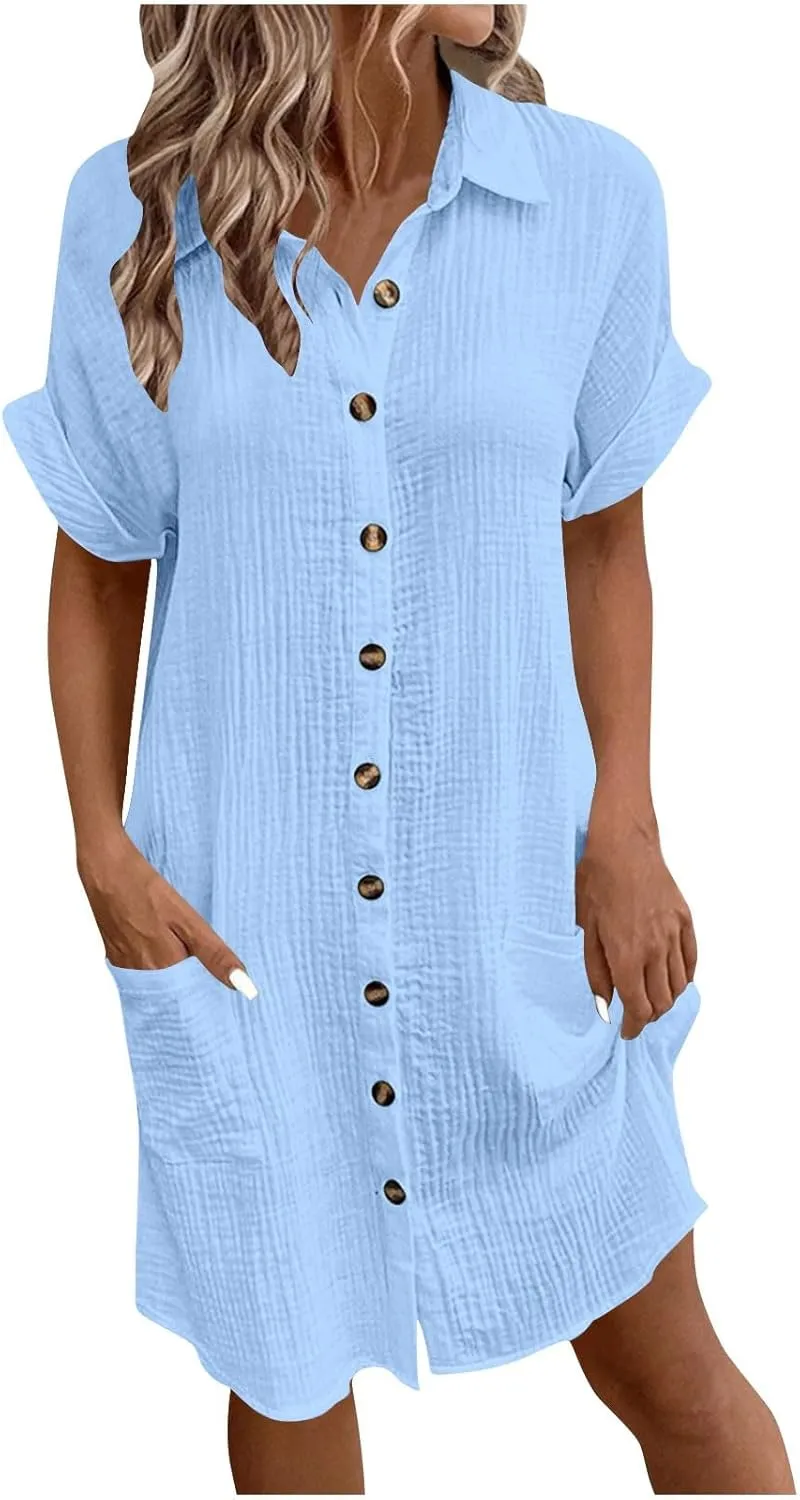 Cotton Midi Shirt Dress for Women Trendy Button Short Sleeve Dresses Solid Lapel Casual Dress Summer Travel Clothes