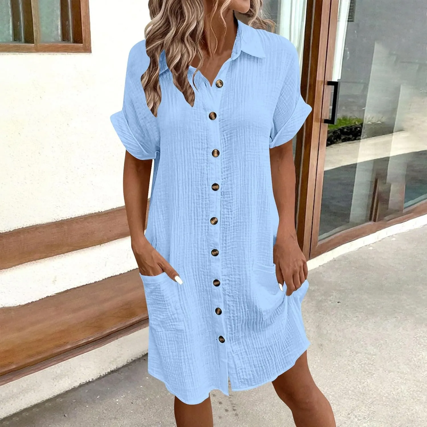 Cotton Midi Shirt Dress for Women Trendy Button Short Sleeve Dresses Solid Lapel Casual Dress Summer Travel Clothes