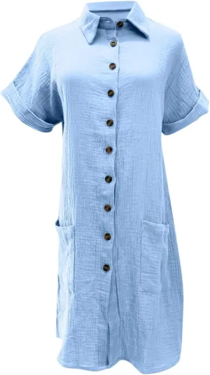 Cotton Midi Shirt Dress for Women Trendy Button Short Sleeve Dresses Solid Lapel Casual Dress Summer Travel Clothes