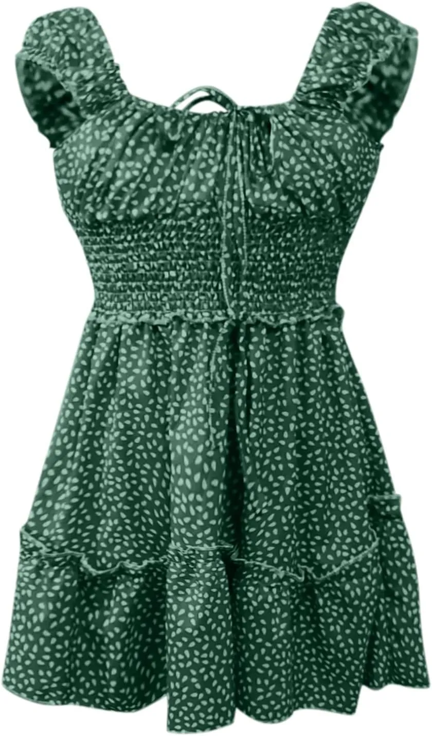 Cute Dresses for Women Ruffle Sleeve Sweetheart Neckline Printing Dress Elastic High Waist A-line Mini Sundress