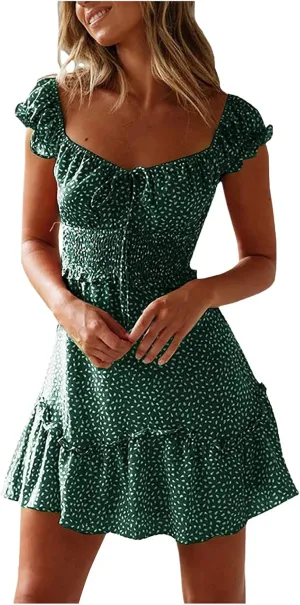 Cute Dresses for Women Ruffle Sleeve Sweetheart Neckline Printing Dress Elastic High Waist A-line Mini Sundress