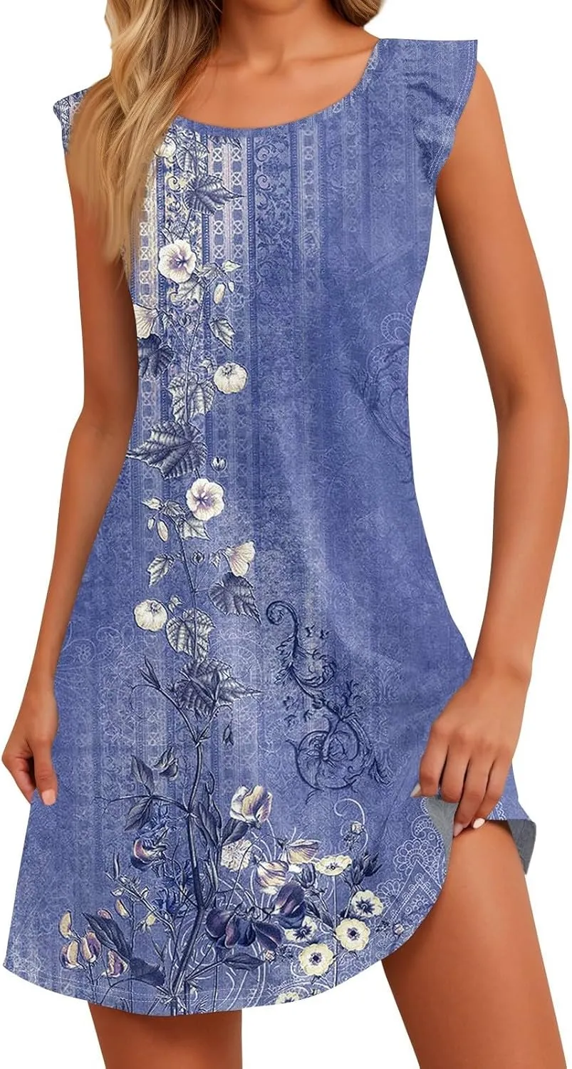 Cute Dresses for Women Spring Summer Floral Printed Crew Neck Ruffled Sleeves Midi Sundress Loose Daily Beach Dress