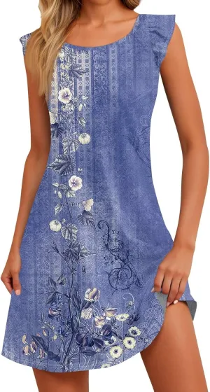 Cute Dresses for Women Spring Summer Floral Printed Crew Neck Ruffled Sleeves Midi Sundress Loose Daily Beach Dress