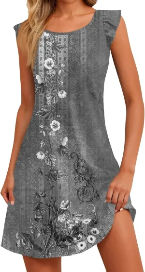 Cute Dresses for Women Spring Summer Floral Printed Crew Neck Ruffled Sleeves Midi Sundress Loose Daily Beach Dress