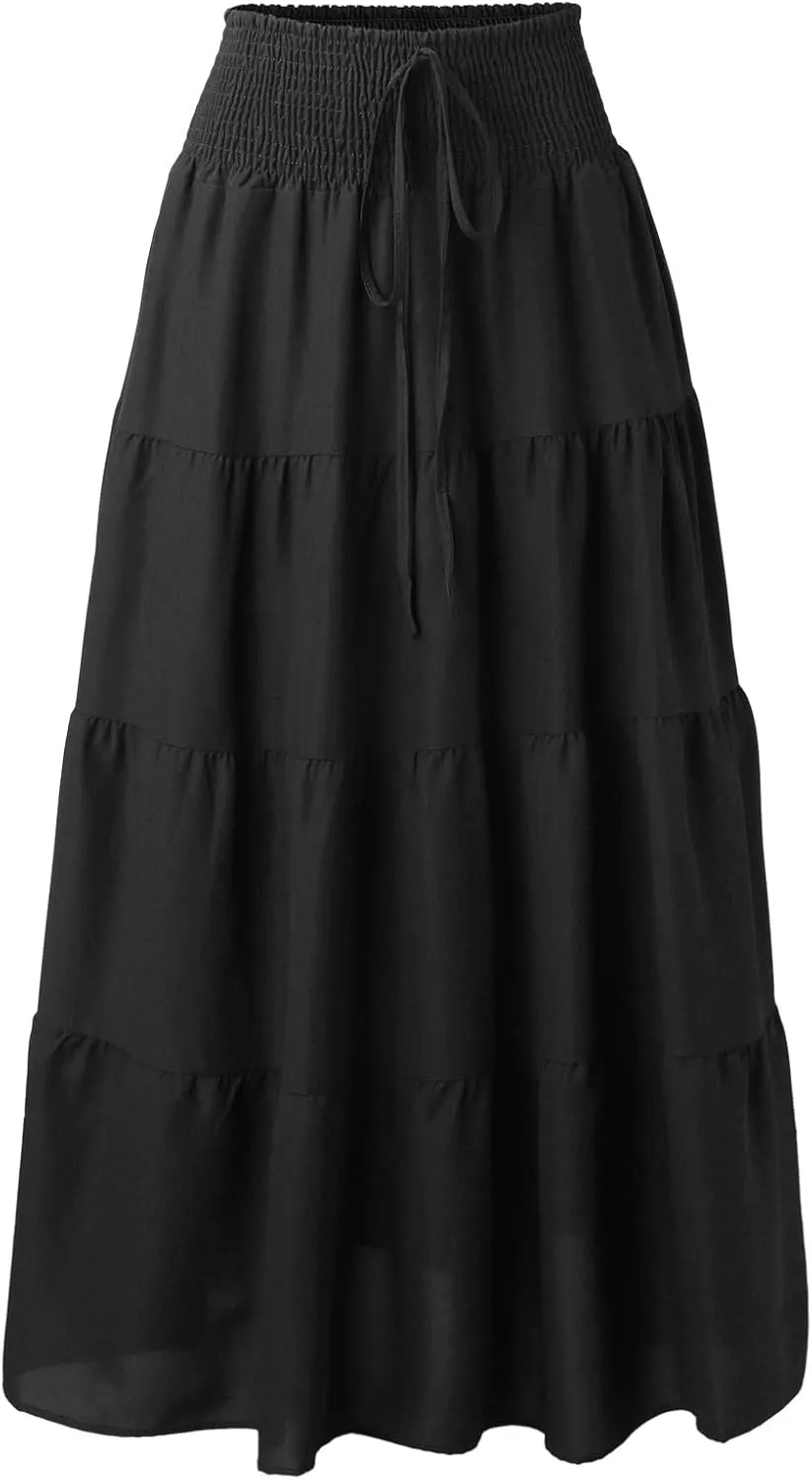 Denim Skirts Women's Summer Elastic High Waist Boho Maxi Skirt Casual Drawstring A Line Long Skirt High Skirt