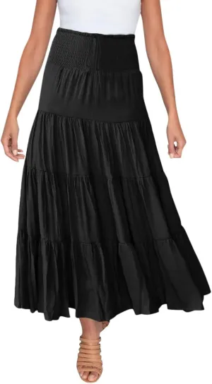 Denim Skirts Women's Summer Elastic High Waist Boho Maxi Skirt Casual Drawstring A Line Long Skirt High Skirt