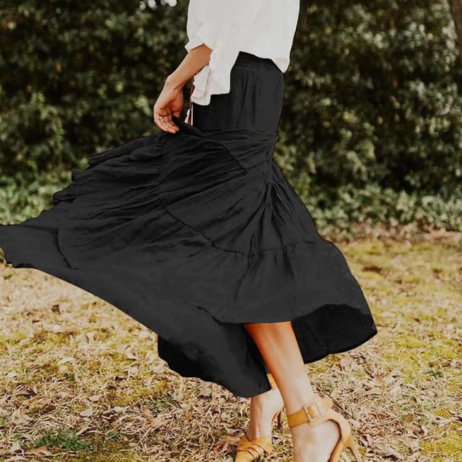 Denim Skirts Women's Summer Elastic High Waist Boho Maxi Skirt Casual Drawstring A Line Long Skirt High Skirt