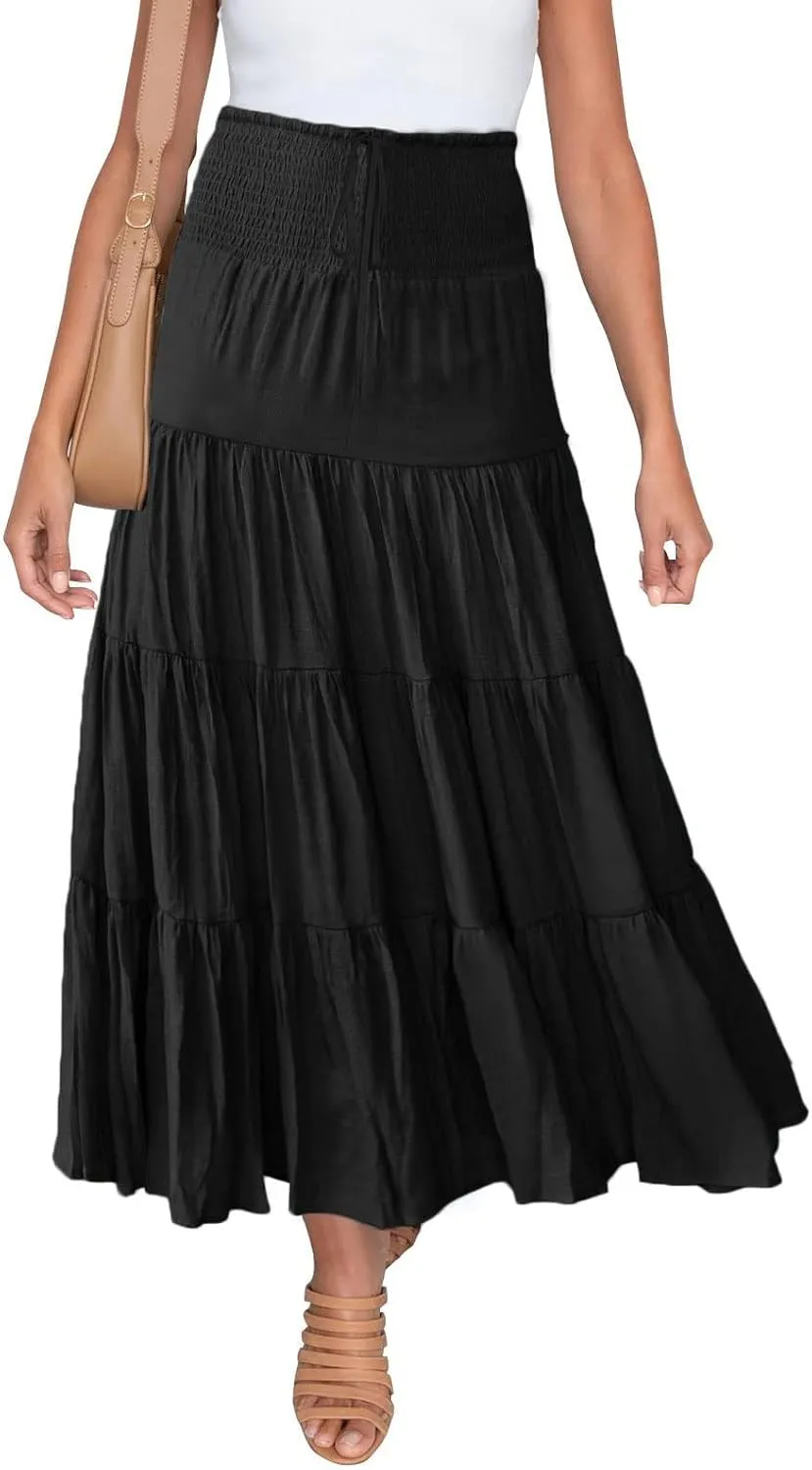 Denim Skirts Women's Summer Elastic High Waist Boho Maxi Skirt Casual Drawstring A Line Long Skirt High Skirt