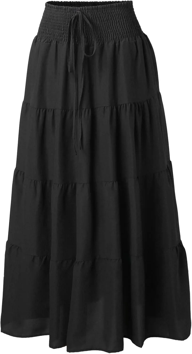 Denim Skirts Women's Summer Elastic High Waist Boho Maxi Skirt Casual Drawstring A Line Long Skirt High Skirt