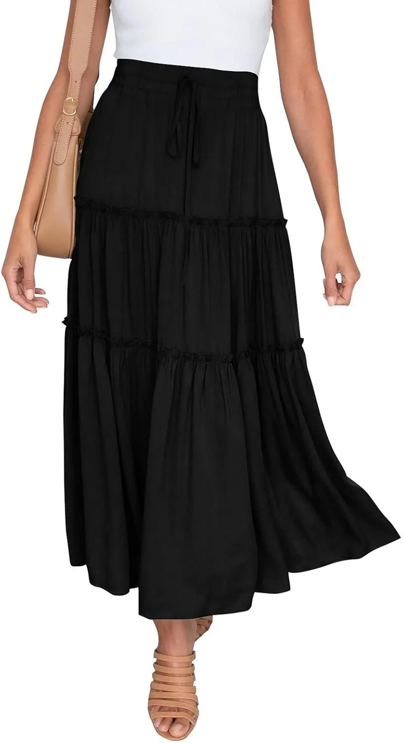 Denim Skirts Women's Summer Elastic High Waist Boho Maxi Skirt Casual Drawstring A Line Long Skirt High Skirt
