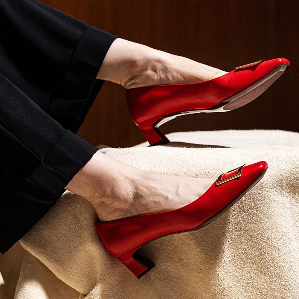 Dixie Red Gold Buckle Square Toe Pump
