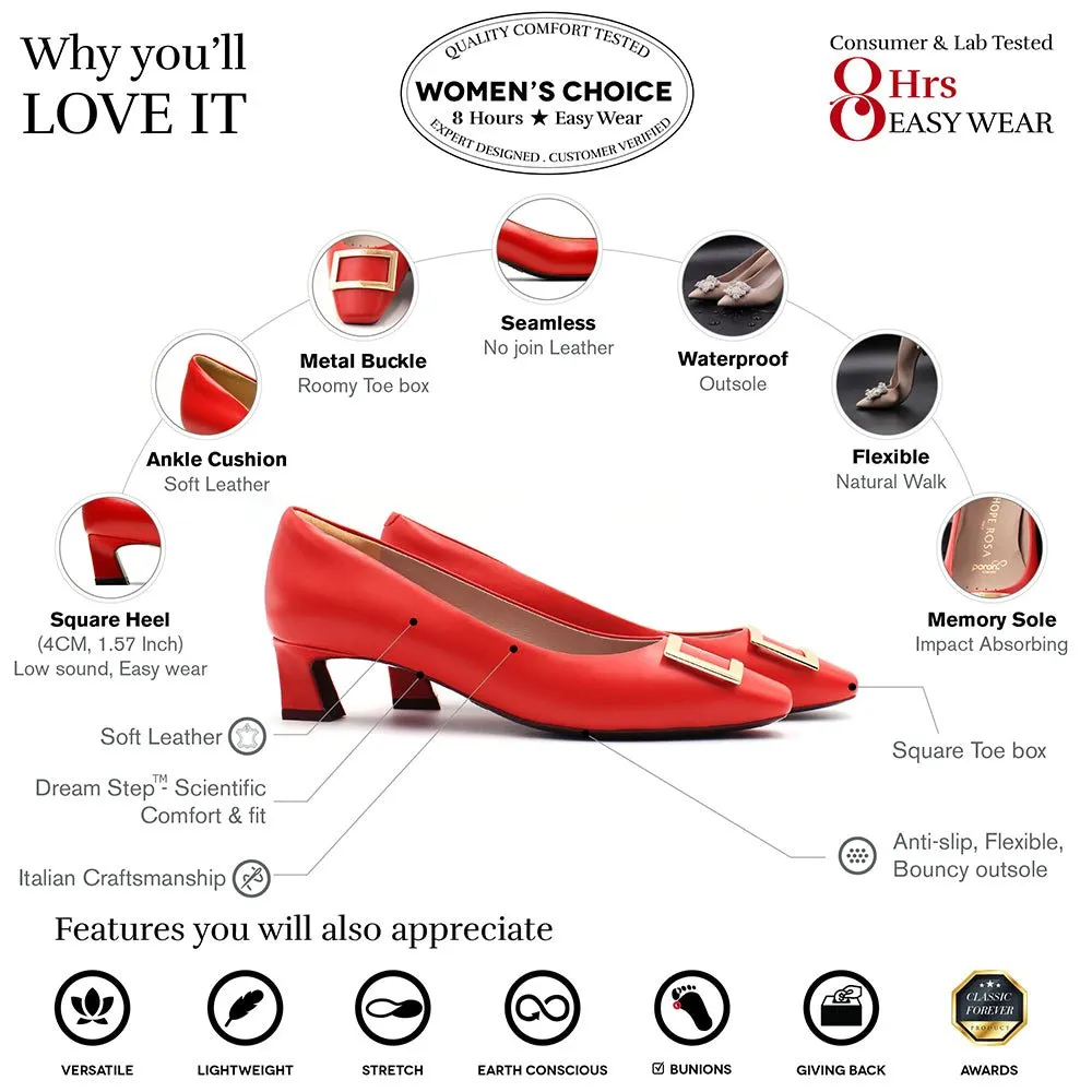 Dixie Red Gold Buckle Square Toe Pump