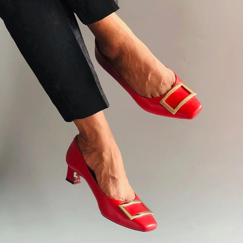 Dixie Red Gold Buckle Square Toe Pump