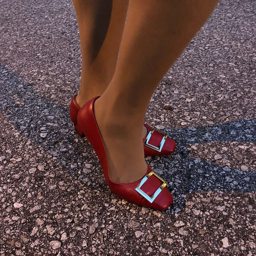 Dixie Red Gold Buckle Square Toe Pump