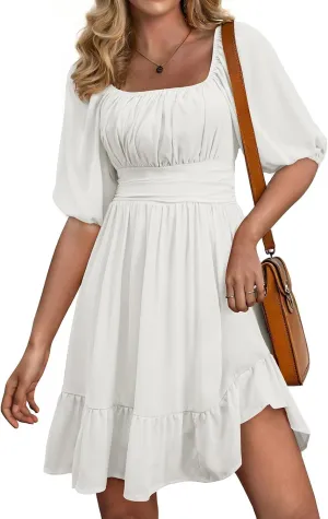 Dokotoo Womens Summer Dresses Square Neck Tie Back Lantern Sleeve Ruffle A-Line Casual Dress