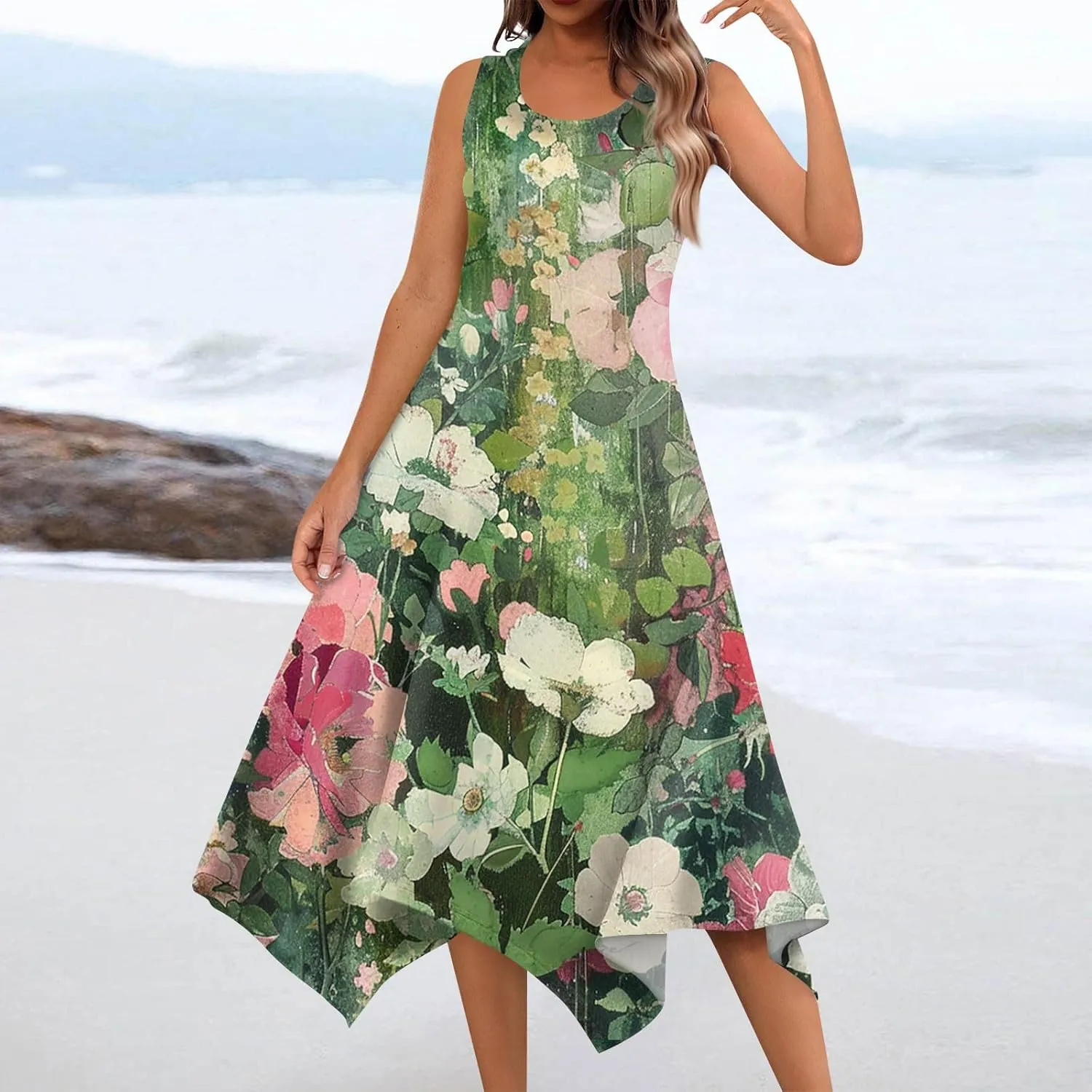 DOPOCQ Midi Dresses for Women 2024 Summer Hawaiian Trendy Print Boho Beach Dresses Casual Plus Size Sleeveless Tank Sundress