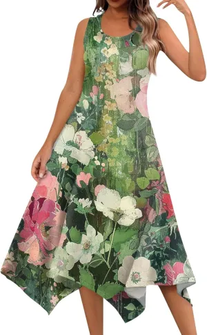 DOPOCQ Midi Dresses for Women 2024 Summer Hawaiian Trendy Print Boho Beach Dresses Casual Plus Size Sleeveless Tank Sundress