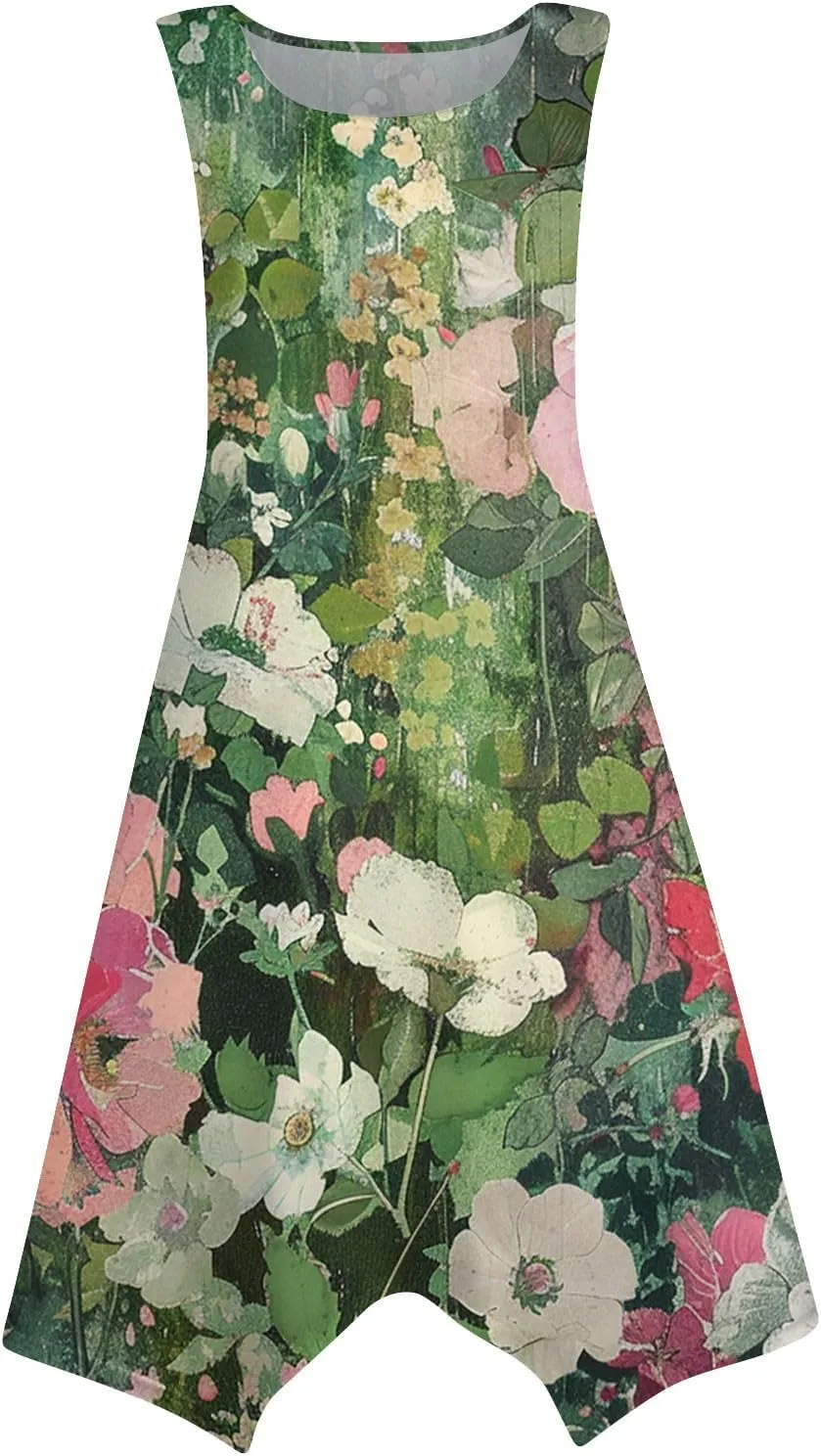 DOPOCQ Midi Dresses for Women 2024 Summer Hawaiian Trendy Print Boho Beach Dresses Casual Plus Size Sleeveless Tank Sundress