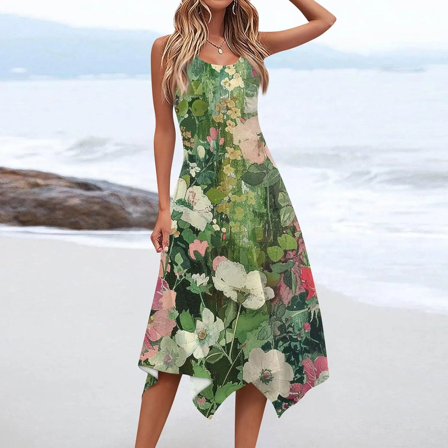 DOPOCQ Midi Dresses for Women 2024 Summer Hawaiian Trendy Print Boho Beach Dresses Casual Plus Size Sleeveless Tank Sundress