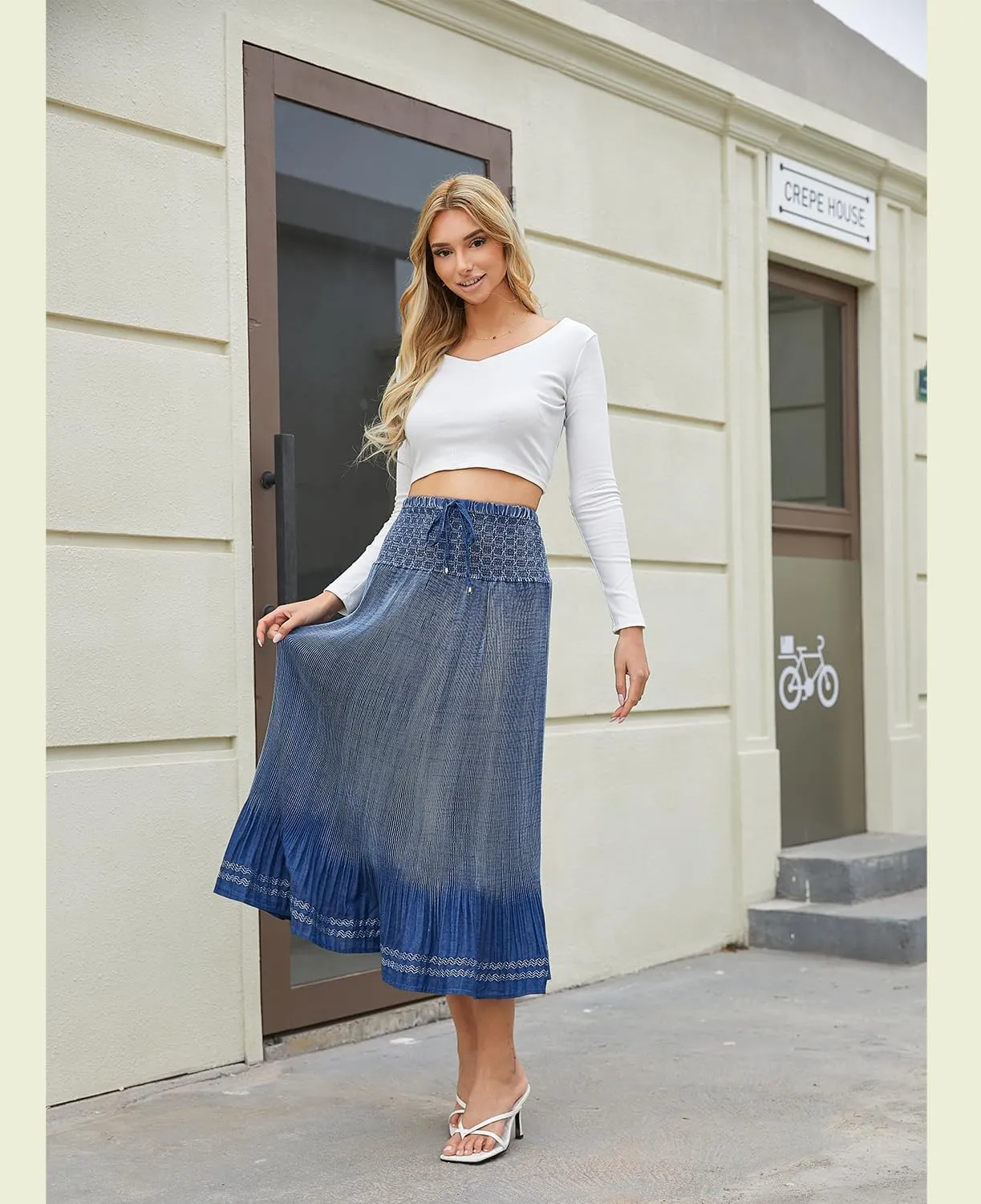 DREFBUFY Maxi Skirt Womens High Waist Pleated Tiered Long Skirts Denim Casual Style Midi Dress for Women