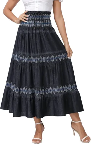 DREFBUFY Maxi Skirt Womens High Waist Pleated Tiered Long Skirts Denim Casual Style Midi Dress for Women
