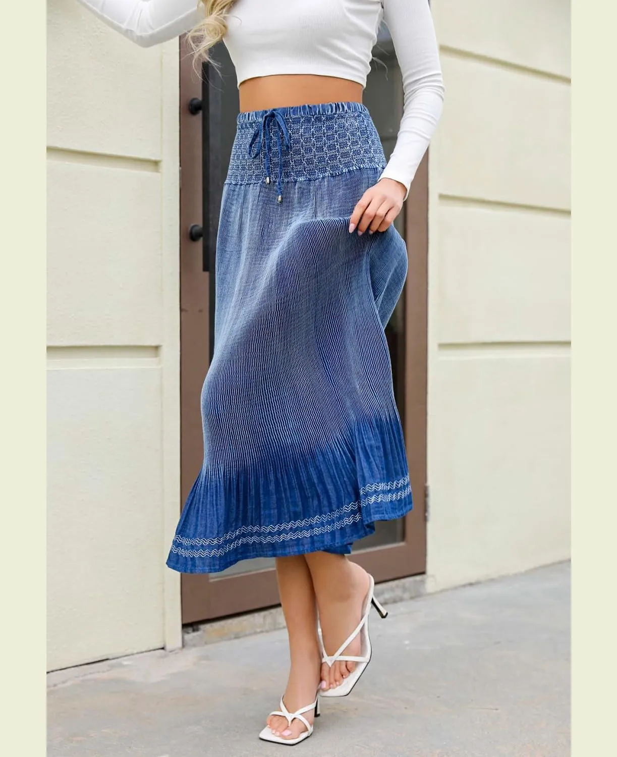 DREFBUFY Maxi Skirt Womens High Waist Pleated Tiered Long Skirts Denim Casual Style Midi Dress for Women
