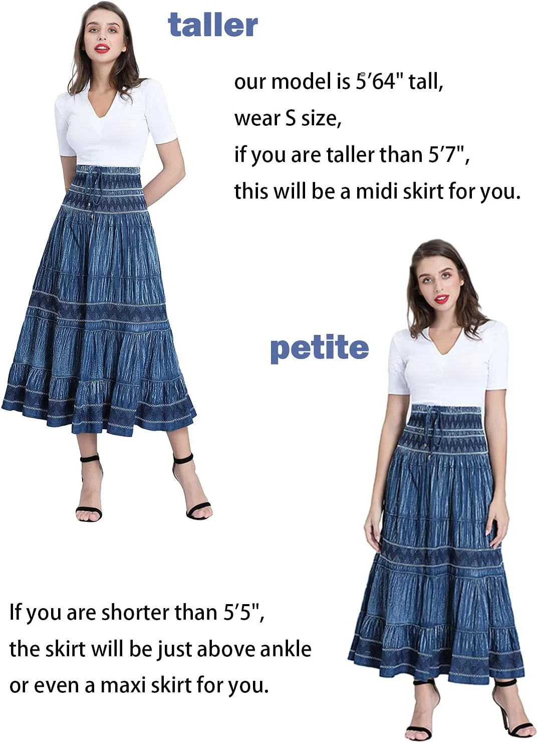 DREFBUFY Maxi Skirt Womens High Waist Pleated Tiered Long Skirts Denim Casual Style Midi Dress for Women
