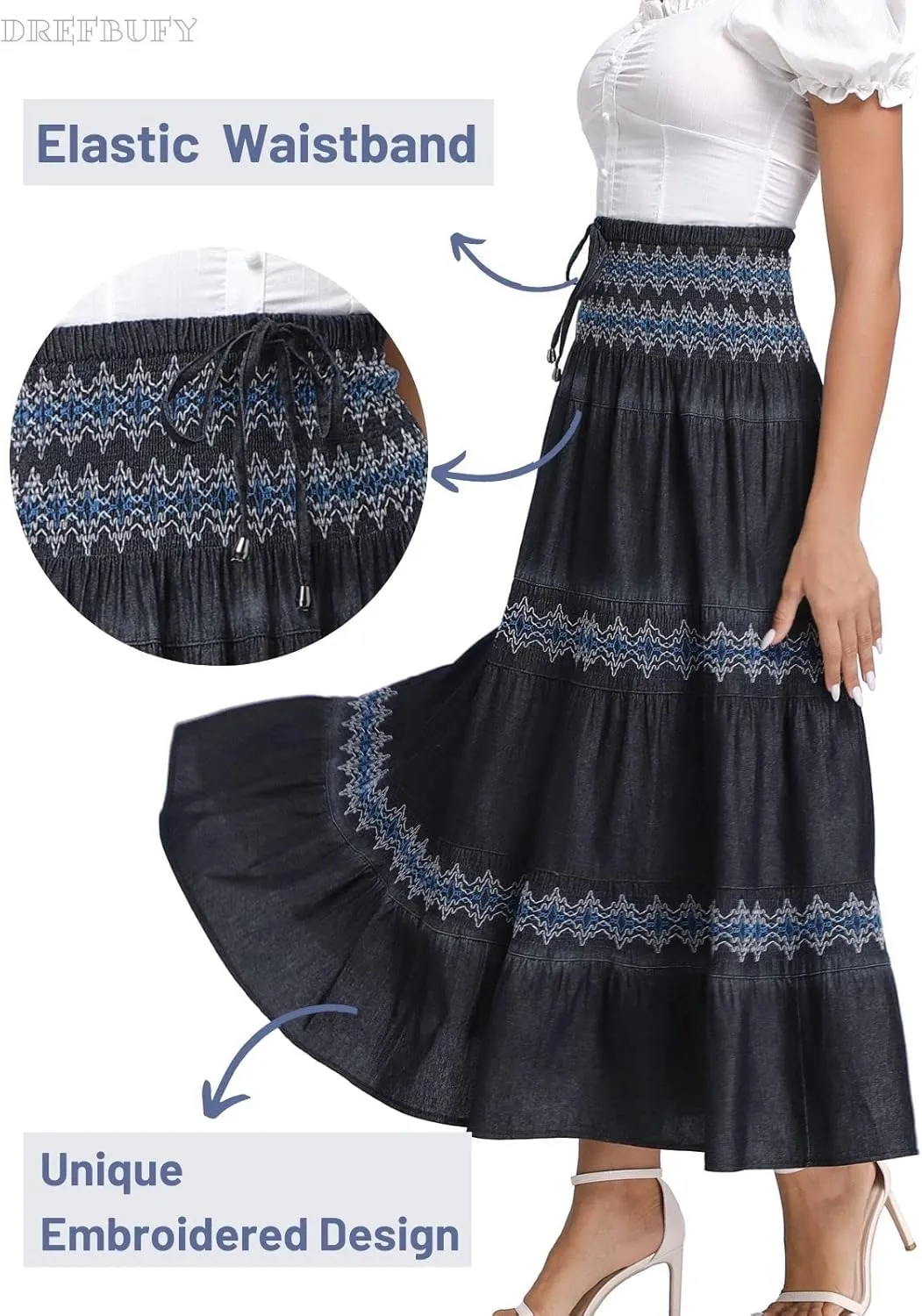 DREFBUFY Maxi Skirt Womens High Waist Pleated Tiered Long Skirts Denim Casual Style Midi Dress for Women