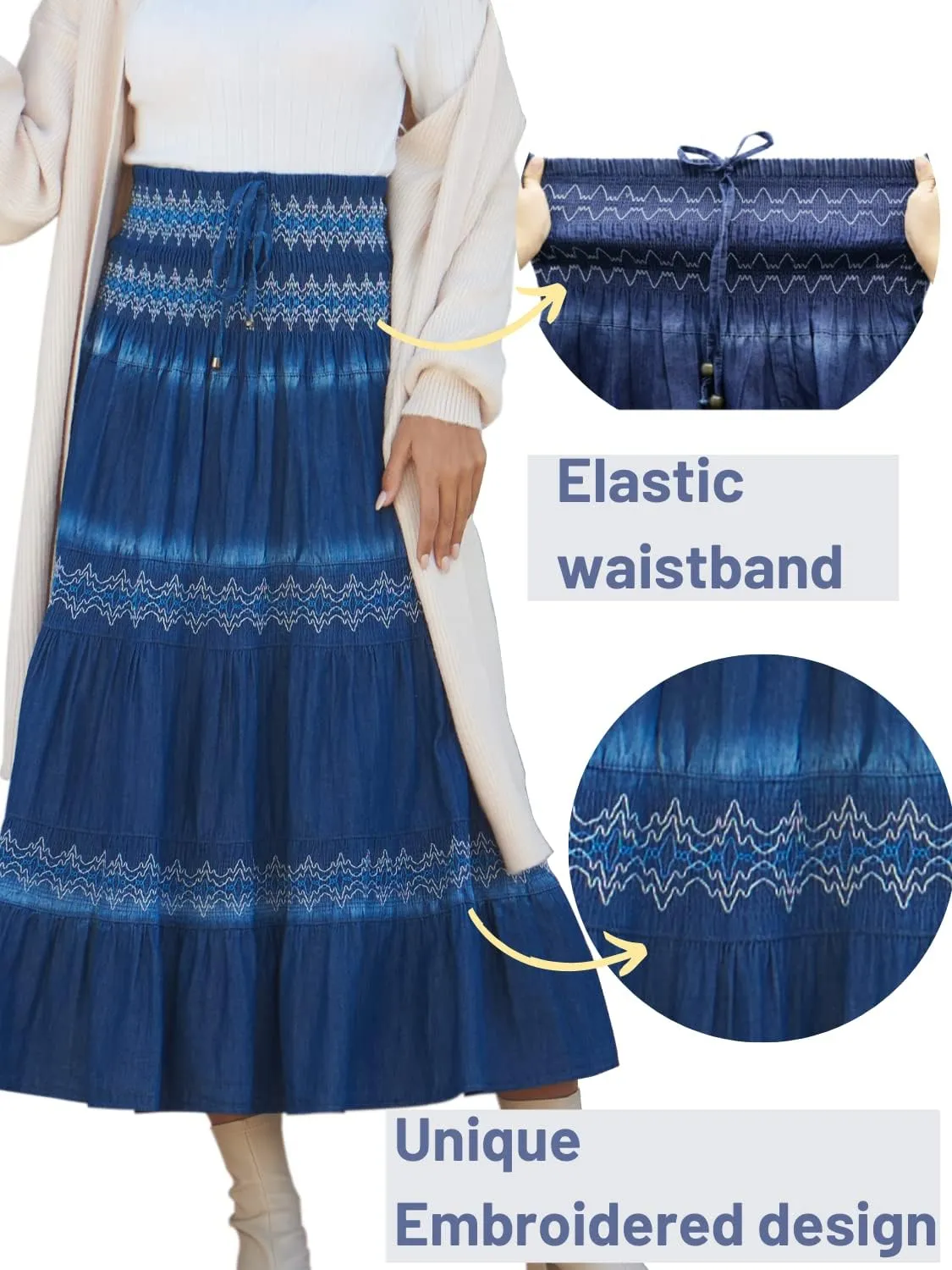 DREFBUFY Maxi Skirt Womens High Waist Pleated Tiered Long Skirts Denim Casual Style Midi Dress for Women