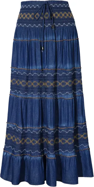 DREFBUFY Maxi Skirt Womens High Waist Pleated Tiered Long Skirts Denim Casual Style Midi Dress for Women