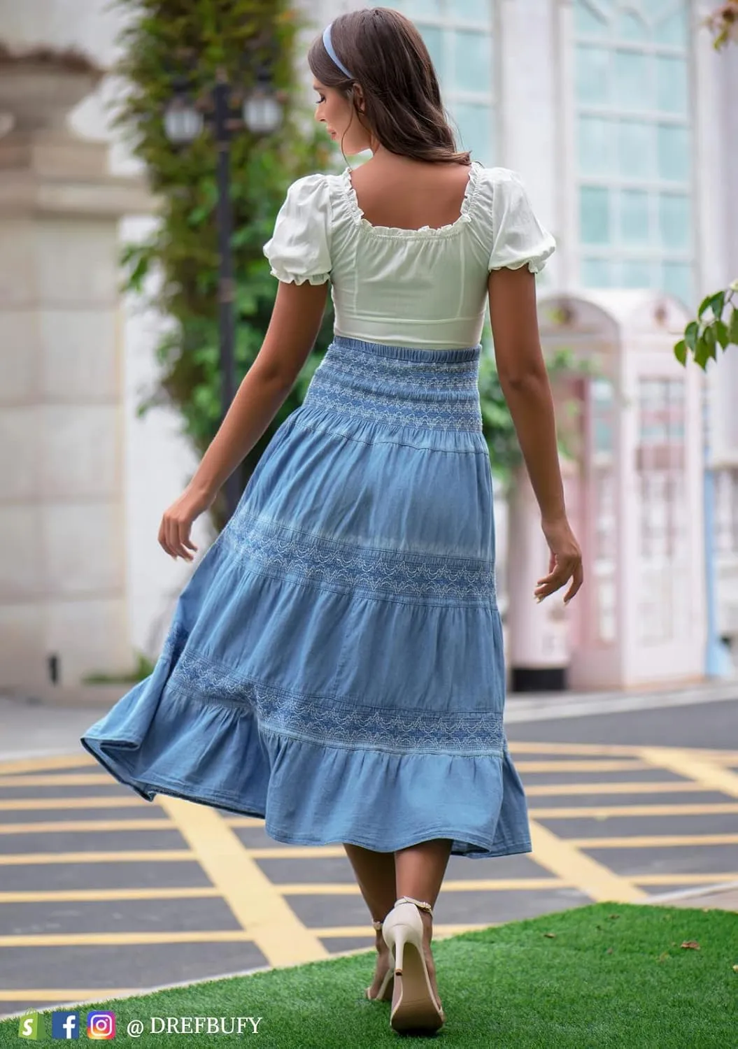 DREFBUFY Maxi Skirt Womens High Waist Pleated Tiered Long Skirts Denim Casual Style Midi Dress for Women