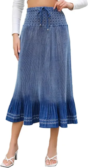 DREFBUFY Maxi Skirt Womens High Waist Pleated Tiered Long Skirts Denim Casual Style Midi Dress for Women
