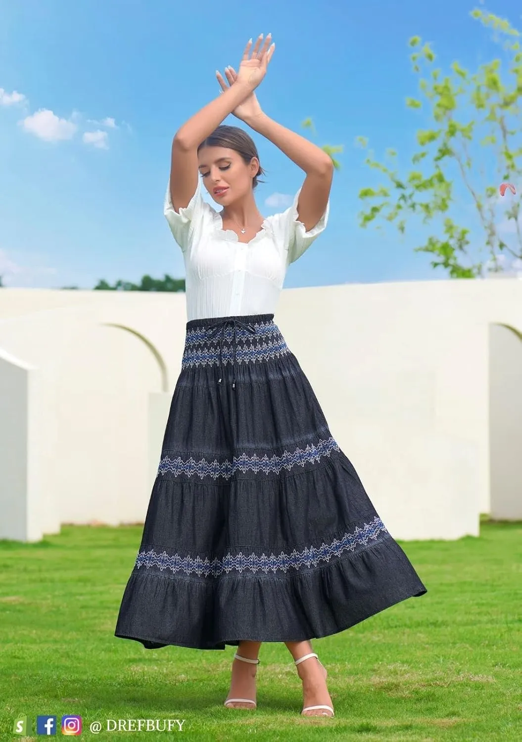 DREFBUFY Maxi Skirt Womens High Waist Pleated Tiered Long Skirts Denim Casual Style Midi Dress for Women