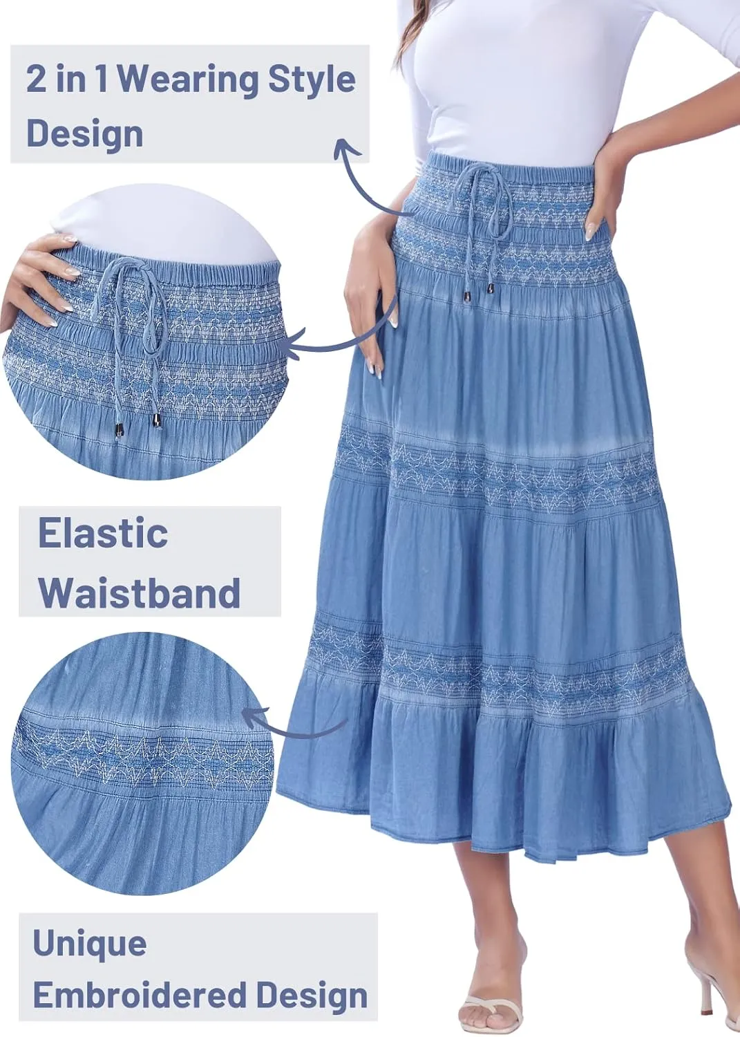 DREFBUFY Maxi Skirt Womens High Waist Pleated Tiered Long Skirts Denim Casual Style Midi Dress for Women