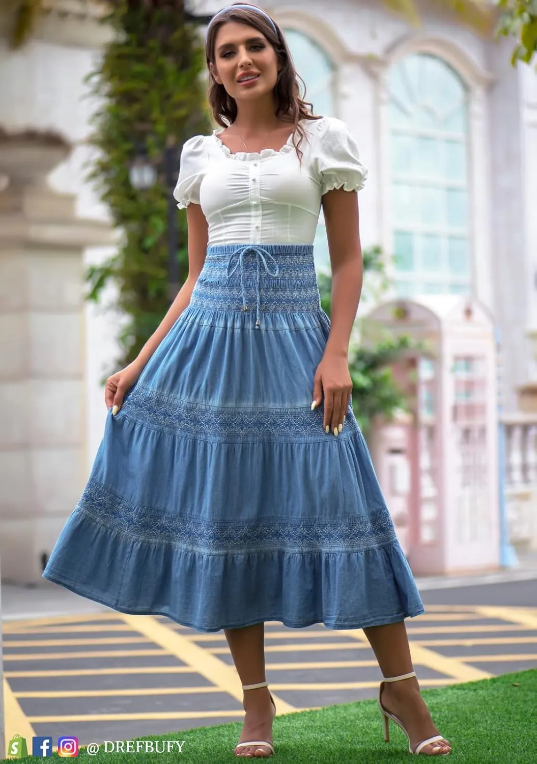 DREFBUFY Maxi Skirt Womens High Waist Pleated Tiered Long Skirts Denim Casual Style Midi Dress for Women