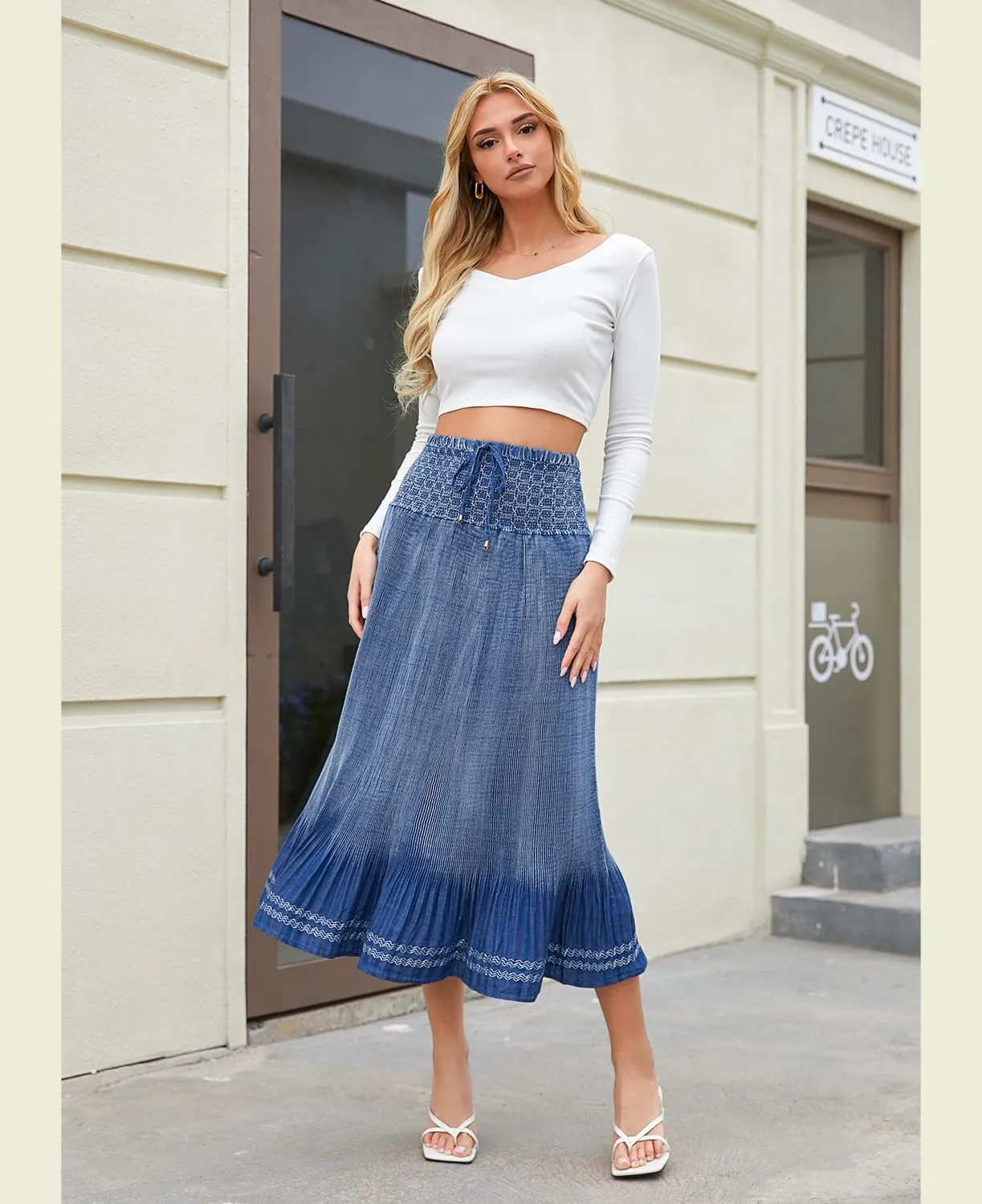 DREFBUFY Maxi Skirt Womens High Waist Pleated Tiered Long Skirts Denim Casual Style Midi Dress for Women