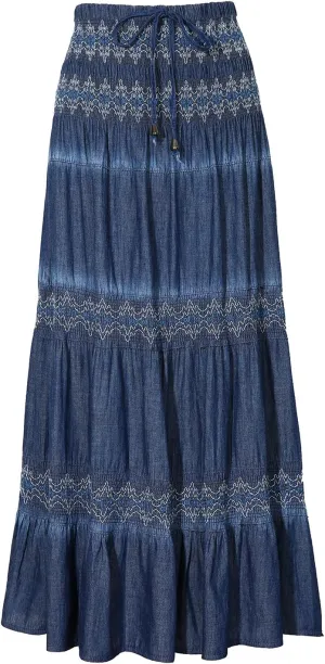 DREFBUFY Maxi Skirt Womens High Waist Pleated Tiered Long Skirts Denim Casual Style Midi Dress for Women