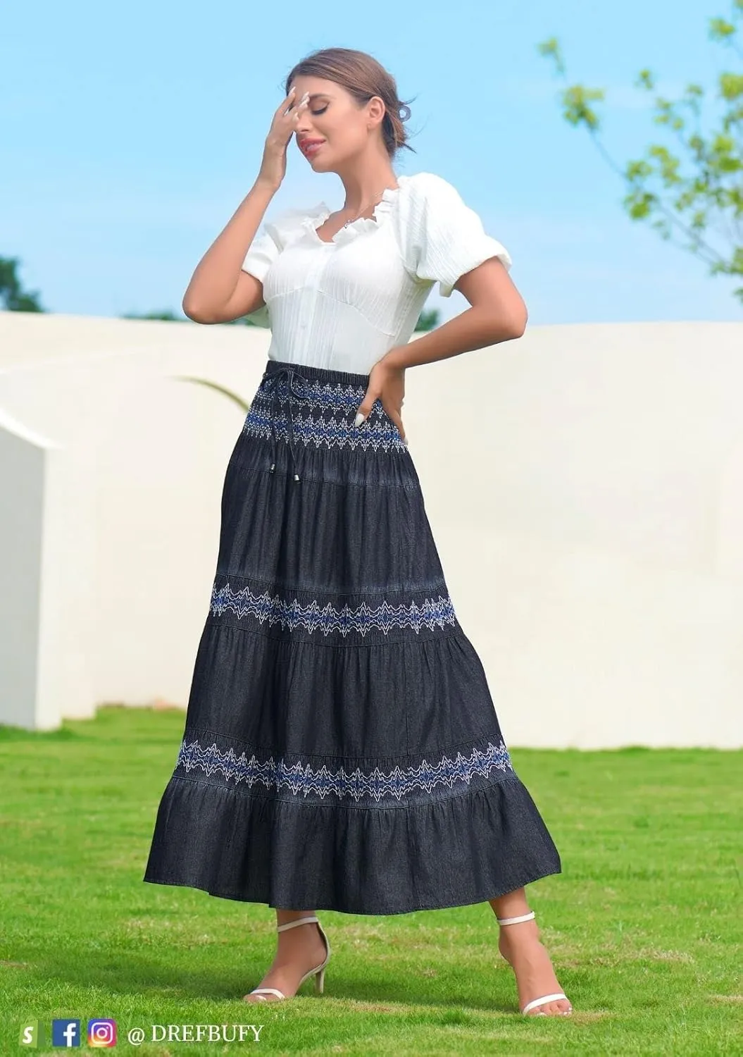 DREFBUFY Maxi Skirt Womens High Waist Pleated Tiered Long Skirts Denim Casual Style Midi Dress for Women