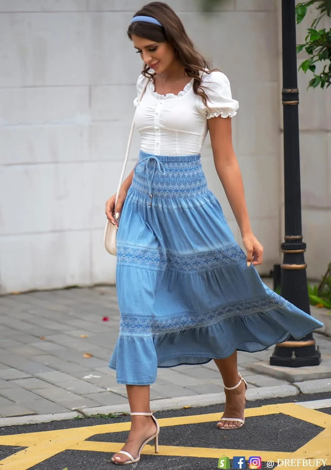 DREFBUFY Maxi Skirt Womens High Waist Pleated Tiered Long Skirts Denim Casual Style Midi Dress for Women