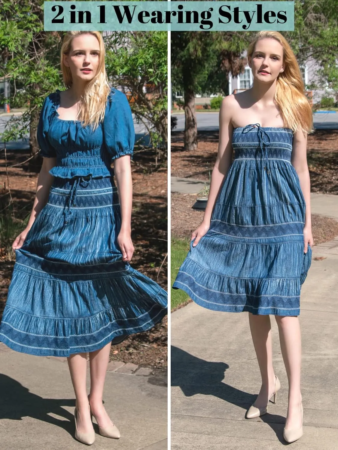 DREFBUFY Maxi Skirt Womens High Waist Pleated Tiered Long Skirts Denim Casual Style Midi Dress for Women